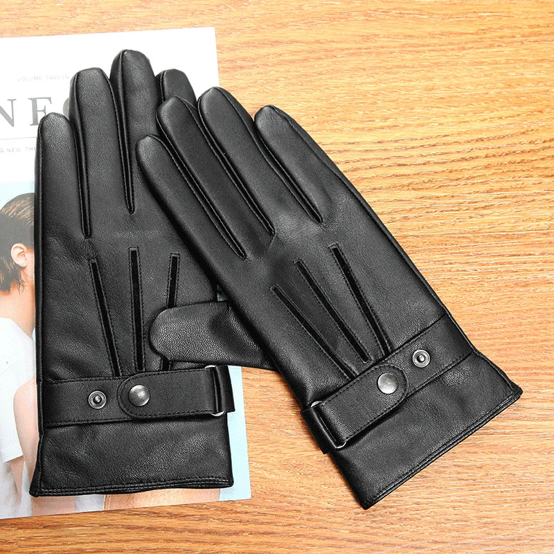 

Real Leather Men Gloves Autumn Winter Thermal Plushed Lining Fashion Black Sheepskin Driving Gloves Male D0135