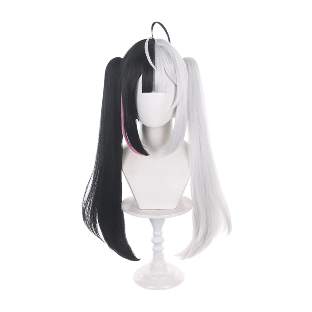 Black and White Dual Tone Long Straight Synthetic Wig with High Twin Tails and Side Bangs for Cosplay Party Elegant Styling