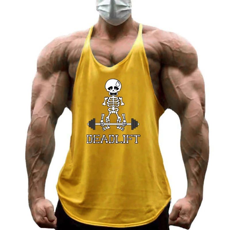 

Summer Men Gym Sleeveless Human Skeleton Deadlift Barbell Vests Breathable Cotton Y-back Tank Tops Fitness Bodybuilding Muscle