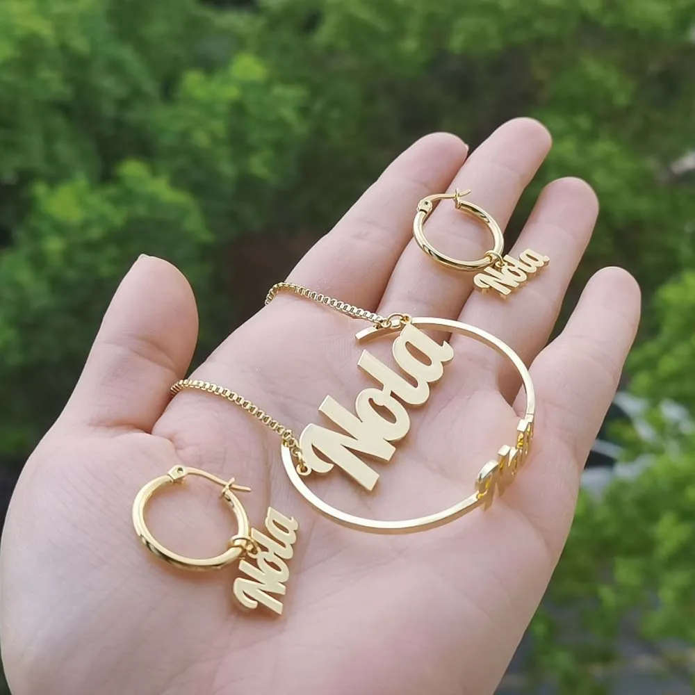 LeeChee Girls Custom Name Jewelry Set 20mm Mimi Hoop Earrings Customize Nameplated Pendant Bracelet Stainless Steel Gift