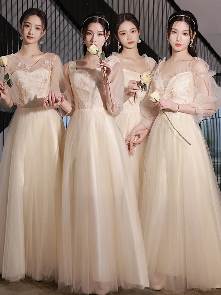 Champagne Bridesmaid Dress Women's Sweet Tulle Embroidery New Temperament Sisters Evening Dresses A-Line Wedding Party Gown