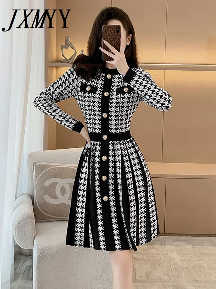 JXMYY-Women\'s Houndstooth Long Sleeve Knitted Dress, Pleated A-Line Skirt, Round Neck, Autumn and Winter Fashion, New, 2024