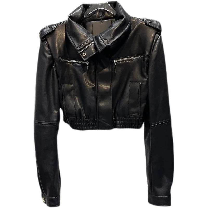 2025年秋新作 ストリート系 スパイシーガール ジップアップ ハイネック 肩パッド付き バイク風 PUレザー ジャケット