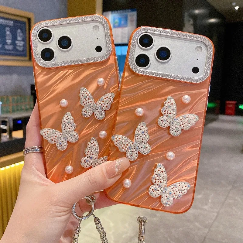 

Luxury Diamond Glitter 3D Pearl Butterfly Phone Case For IPhone 17 16 15 14 Plus 13 12 11 Pro Max Cover with Pearl Bracelet