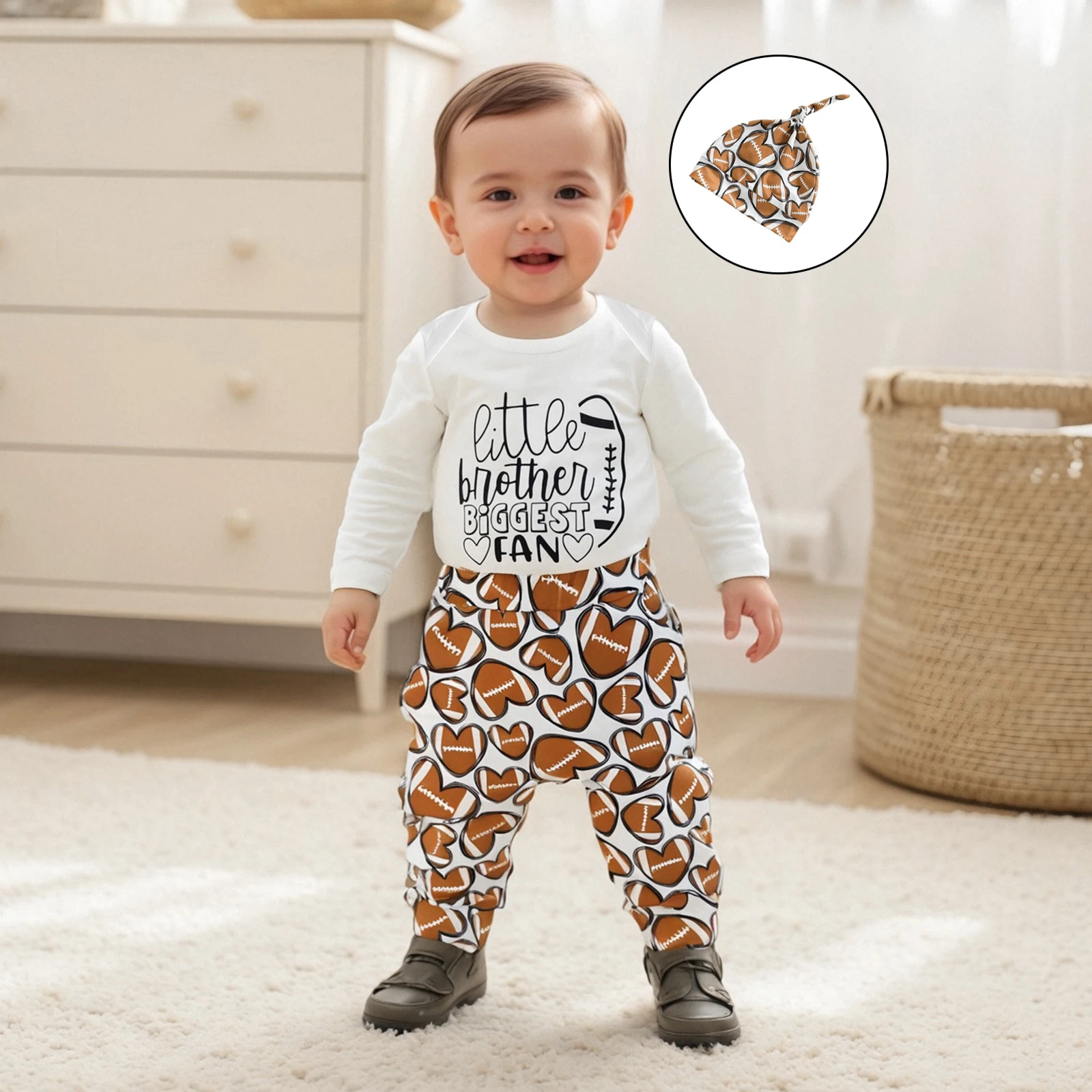 

Infant Toddler Baby Boys 3Pcs Football Outfits Long Sleeve Letter Print Romper + Pants + Hat Set Newborn Clothes