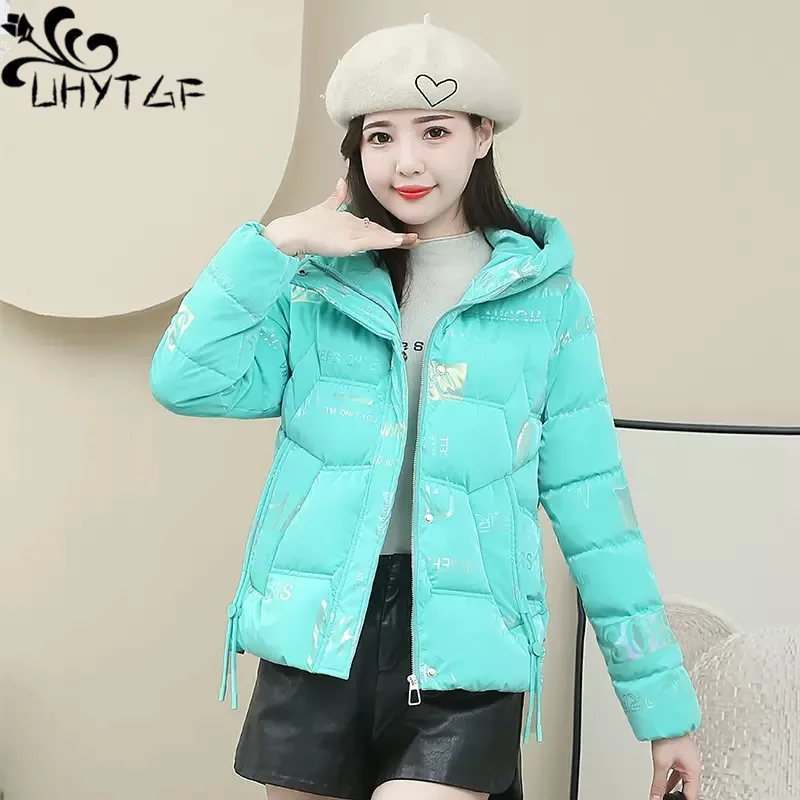 UHYTGF 2023 Winter Coat Women Bright Face Down Cotton Cold Proof Warm Student Short Jacket Female Hooded Parka Overcoat 3XL 2050