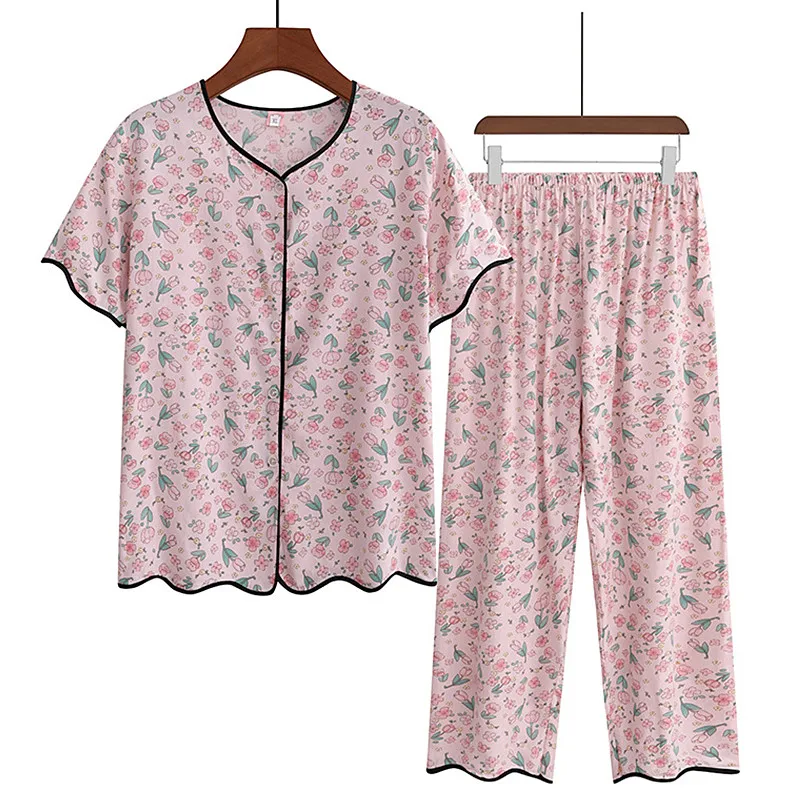 XL-5XL Middle Aged Mother Printing Pajamas Set V Neck Short Sleeve Nine Point Pant Suit Plus Size Sleepwear Women Home Clothes