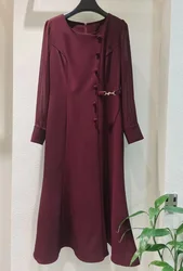 High Quality Brand New Dress 2024 Autumn Women O-Neck Tunic Button Buckle Deco Long Sleeve Dark Blue Wine Red Party Dress XXL