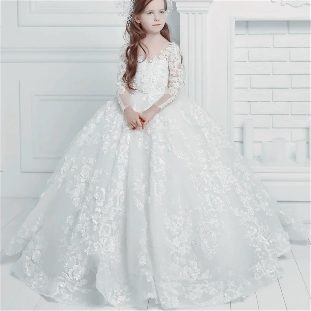 

Flower Girl Dresses Appliques Long Sleeve Wedding Prom Party Pageant Kids Gift First Communion Gowns Ivory Luxurious Lace Floral