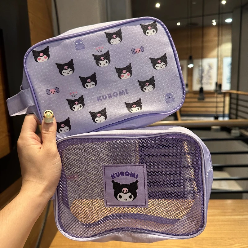 Sanrio bolsa cosmética fofa gato pvc kuromi olá kitty minha melodia batom fones de ouvido bolsa de higiene portátil bolsa de armazenamento feminina