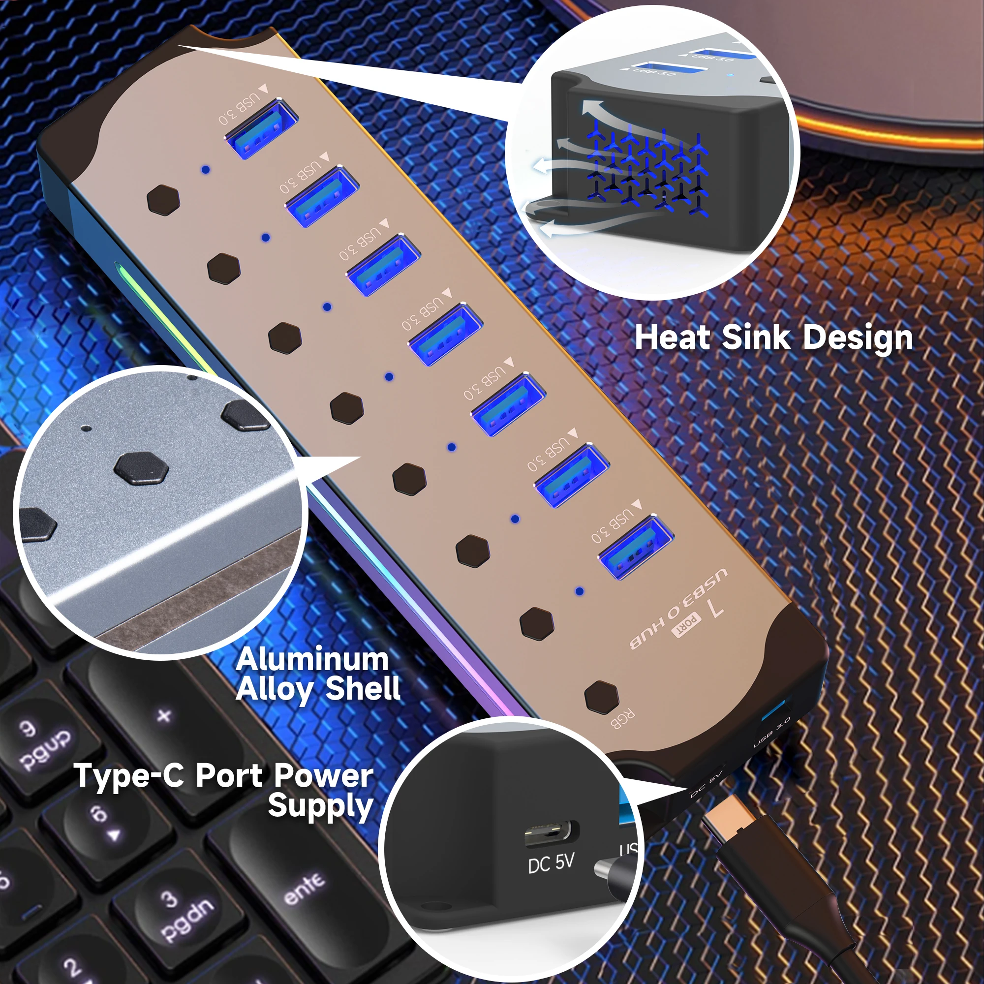 Imagem -04 - Rgb Porta Usb 3.0 Hub 5v 2.4a Adaptador de Energia Alta Velocidade Transferência de Dados Alumínio para pc Laptop