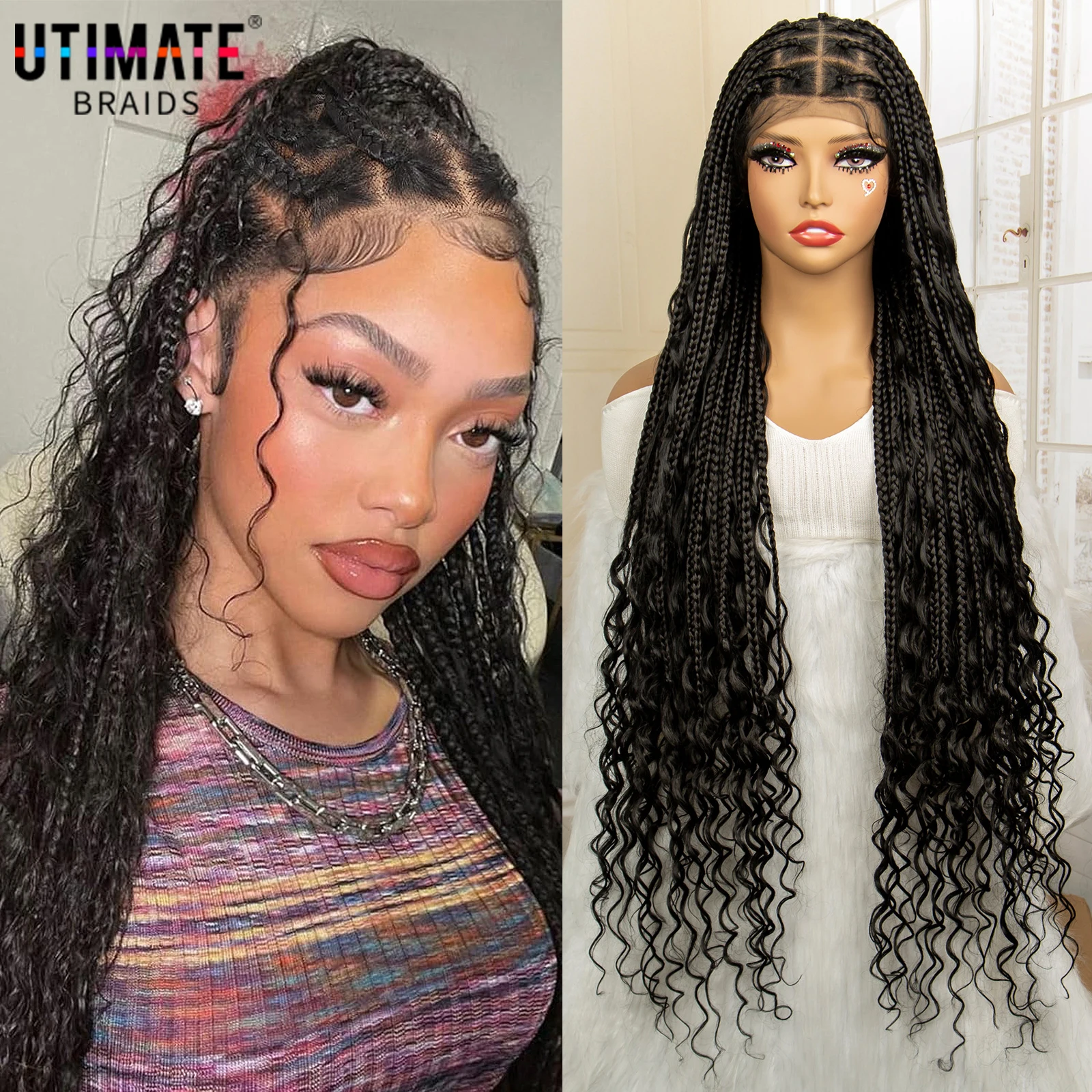 360° HD Full Lace Synthetic Braided Wigs for Women Knotless Boho Braids Wig Box Braid Wig with Boho Curls Blended Braiding Wigs