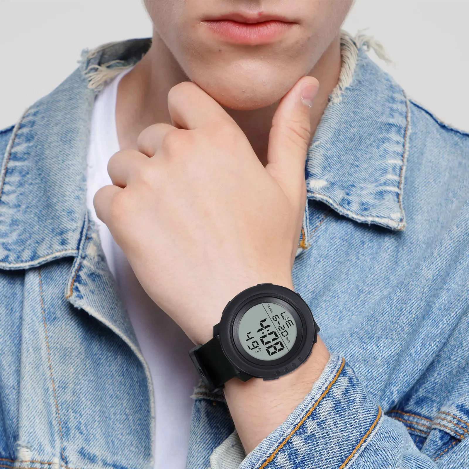 

Черные светодиодные наручные часы для спорта на открытом воздухе с большим экраном, водонепроницаемые, с секундомером, таймером обратного отсчета, двойным временем и будильником