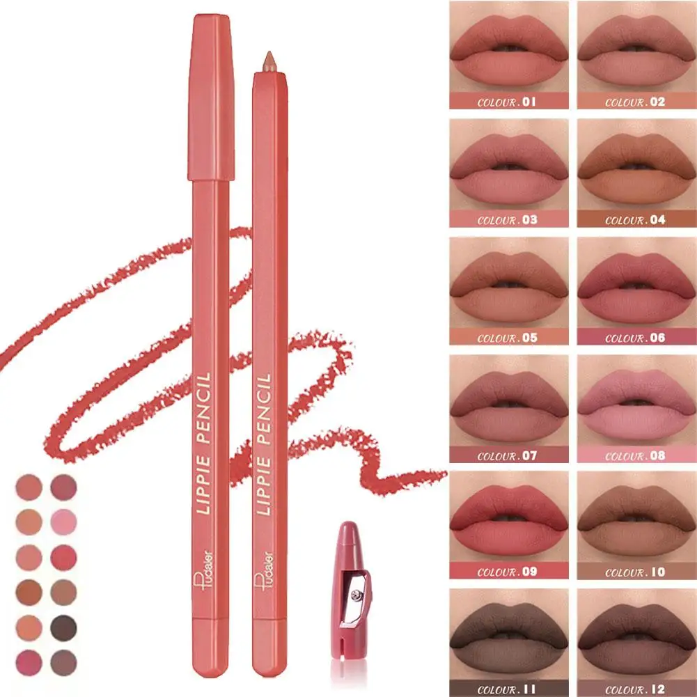 12 kleuren Matte Lip Liner Pen Make Up Waterdicht Fluwelen Naakt Mollige Lipliner Met Puntenslijper Tint Lipliner Potlood Contour Lip W0Q3