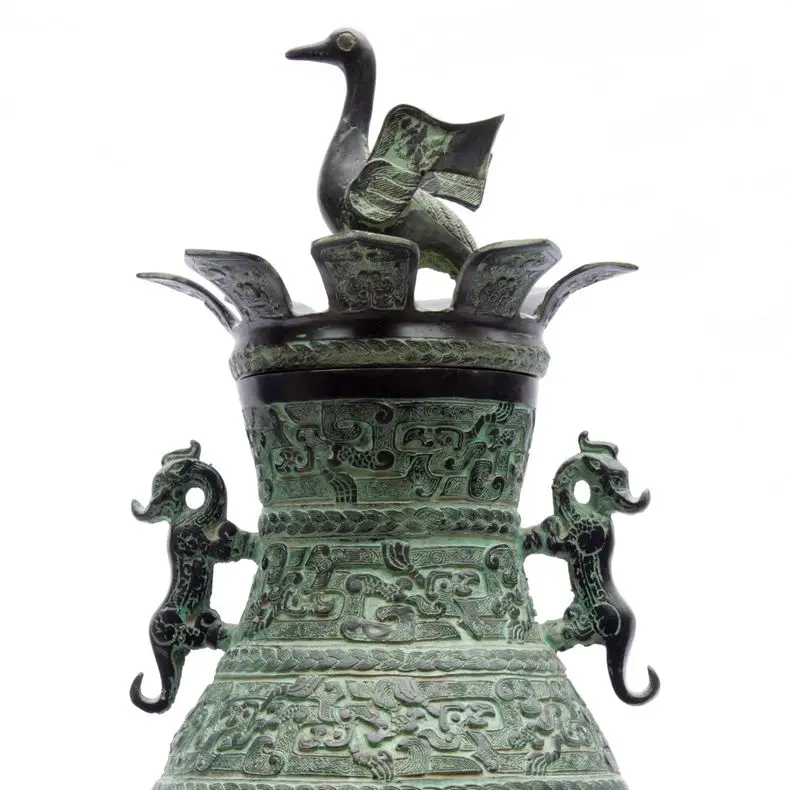 Bronze vase crane spreading wings, round pot, home feng shui living room decoration, flower arrangement double tiger vase