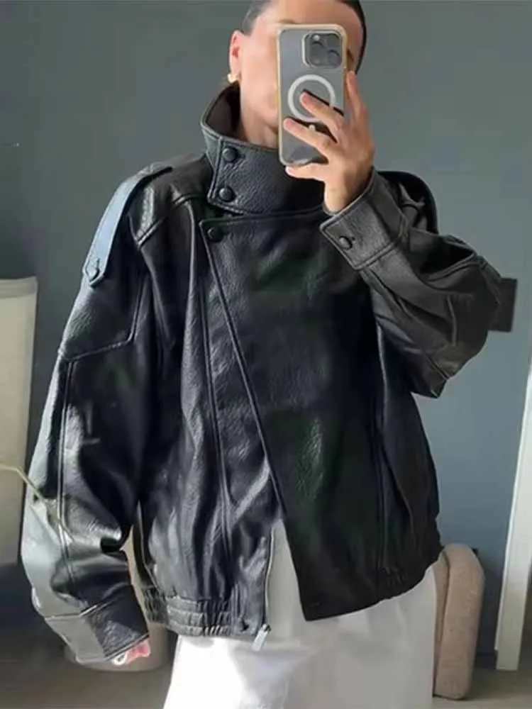 BKQU Fashion Women's Black Stand Collar Leather Jacket Loose Zipper Button Pocket Motorcycle PU Jacket High Street Outwear 2025