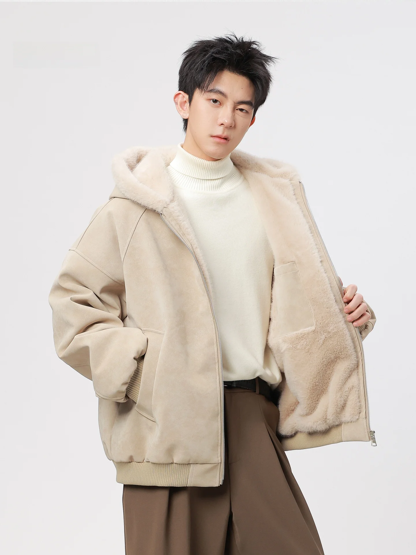 

Мужская хлопковая куртка в американском ретро-стиле с меховым воротником, утепленная зимняя куртка на молнии с длинными рукавами и капюшоном из искусственной кожи