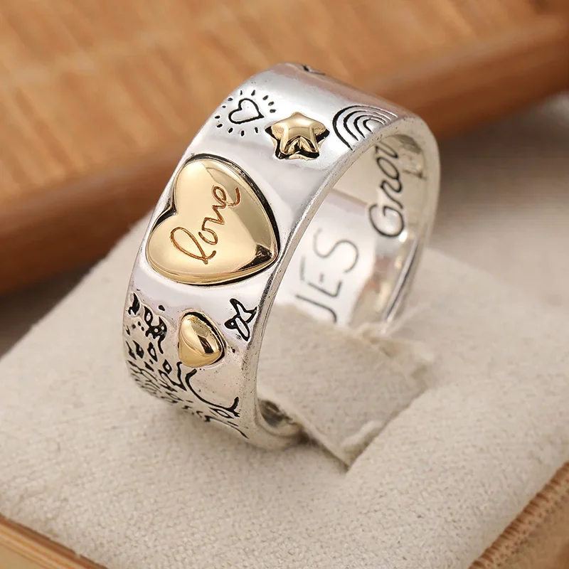 Handgefertigter Damenring mit geschnitztem Herzmuster, Vintage-Mode, Bohemian-Stil, versilbert, romantischer, süßer Schmuck-Accessoire