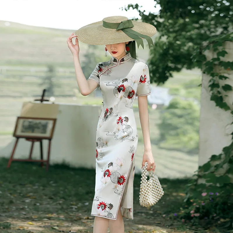 Suzhou Retro Improved Silk Beautiful High Quality Real Silk Dress Cheongsam Qipao Summer Women's Mid-Length White Daily 