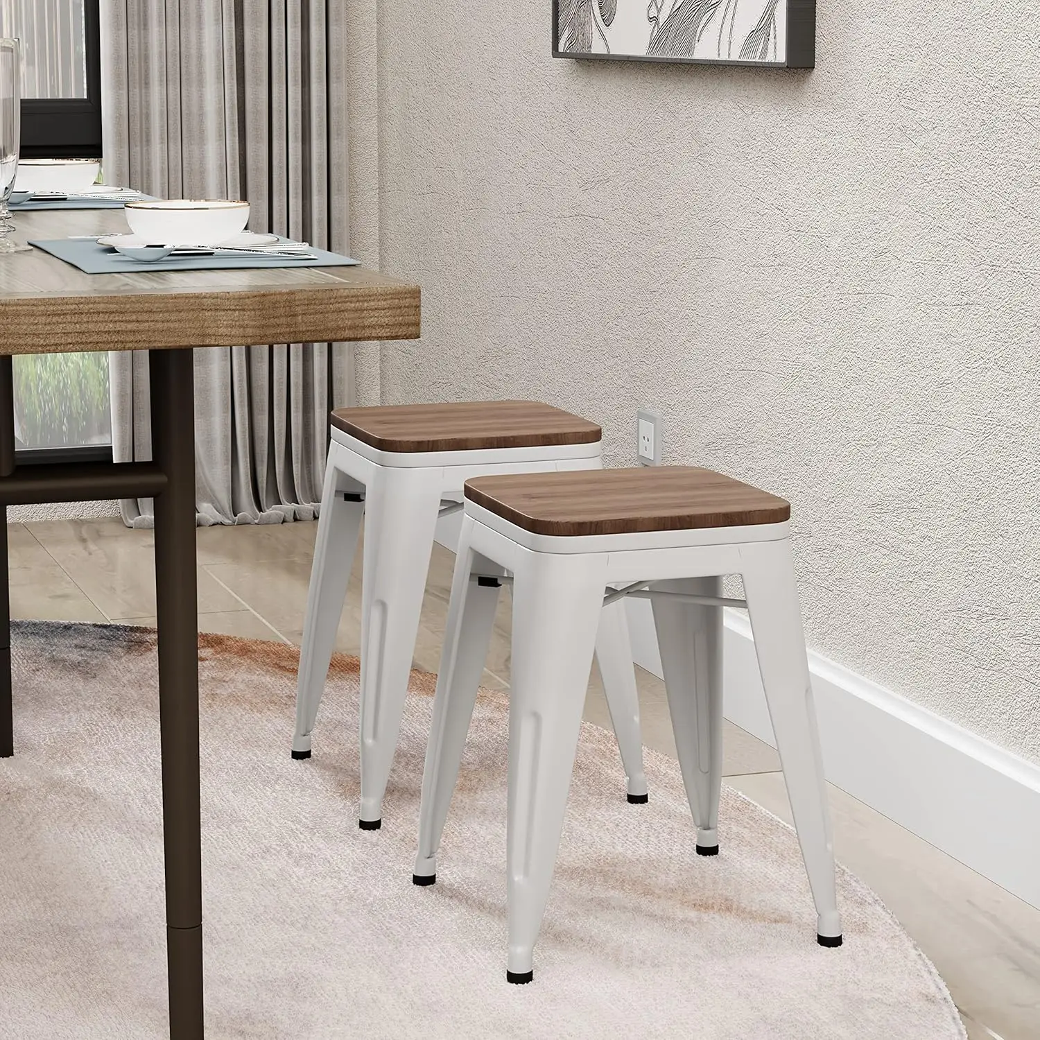 #18 Inch Stools Set of 4,Industrial Metal Dining Chair with Wooden Seat,Short Kitchen Bar Stools Stackable for, Customized