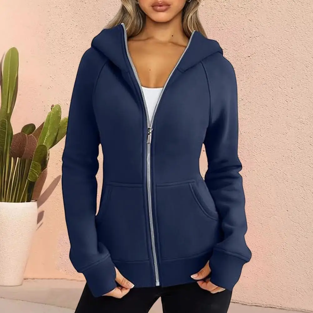 

Solid Color Women Jacket With Hood Plush-lined Lady Hoodie Jacket With Zipper Closure Pockets Cozy Cardigan Coat For Wear Women