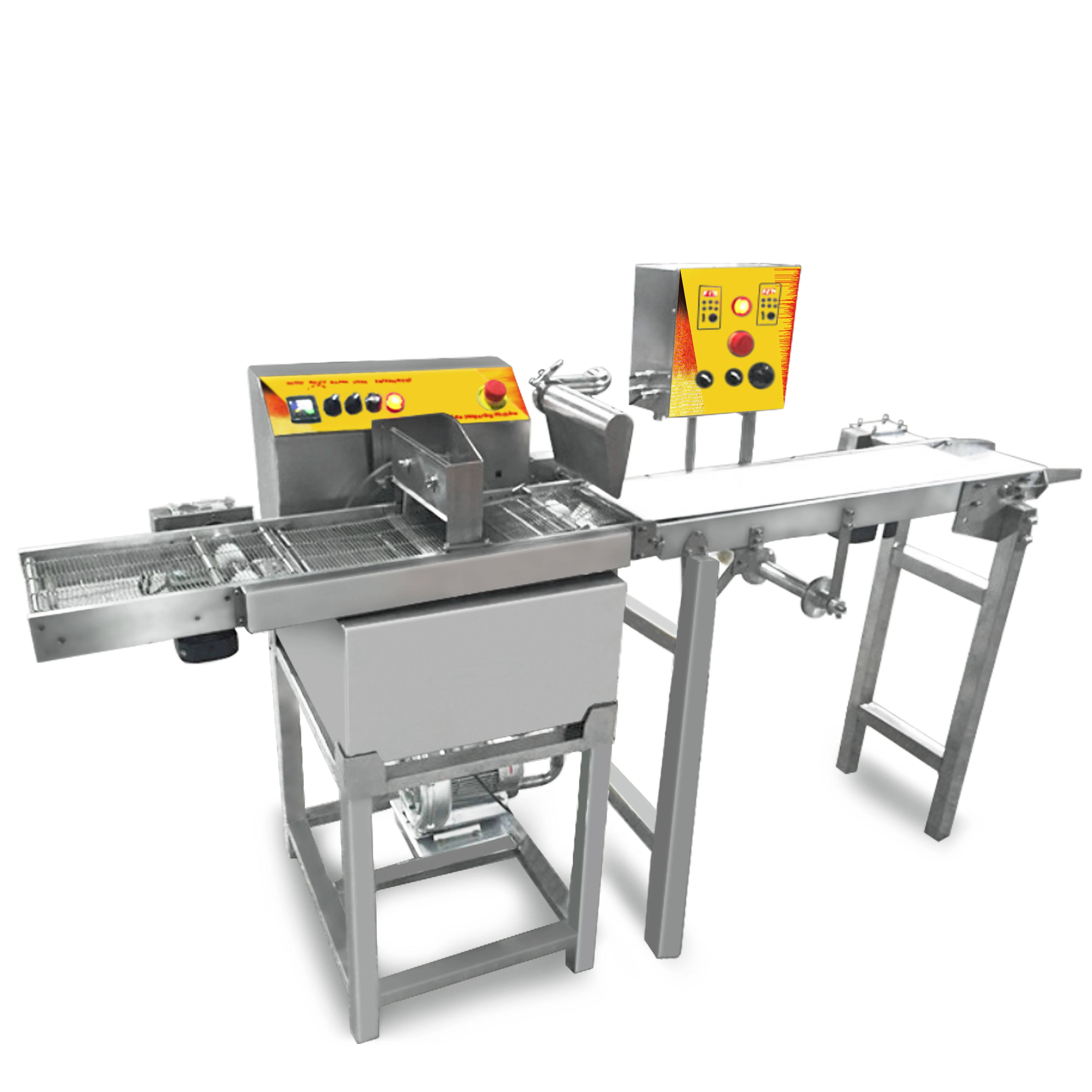 クッキーエンローバー、エンロービングトンネル、自動チョコレートテンパリングバー、ビスケットスティックチョコレートコーティングマシン、シェービングマシン