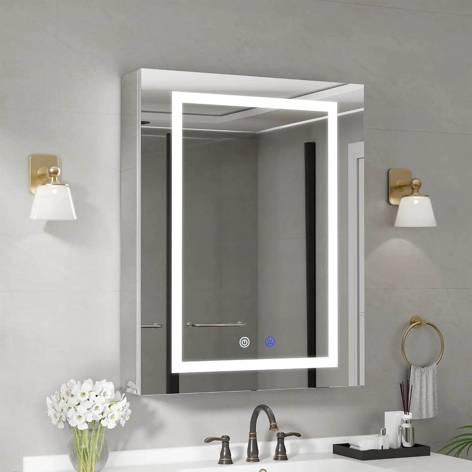 Recessed or Wall Mount, Light Adjustable, Anti-Fog, Sockets & USBs inside, Adjustable Shelves, High Capacity, Easy to Install