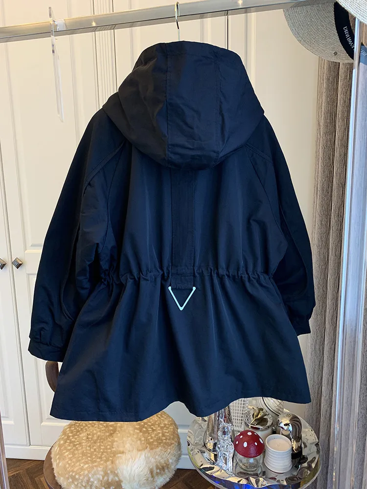 Women's Hooded Workwear Jacket Mid-Length Coat Zipper Closure Korean Style Long Sleeve Polyester Fiber Windbreaker Outerwear