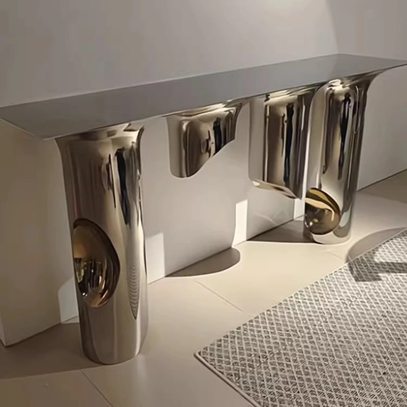 

Italian light luxury background wall entry stainless steel entrance table simple modern art corridor metal entrance table
