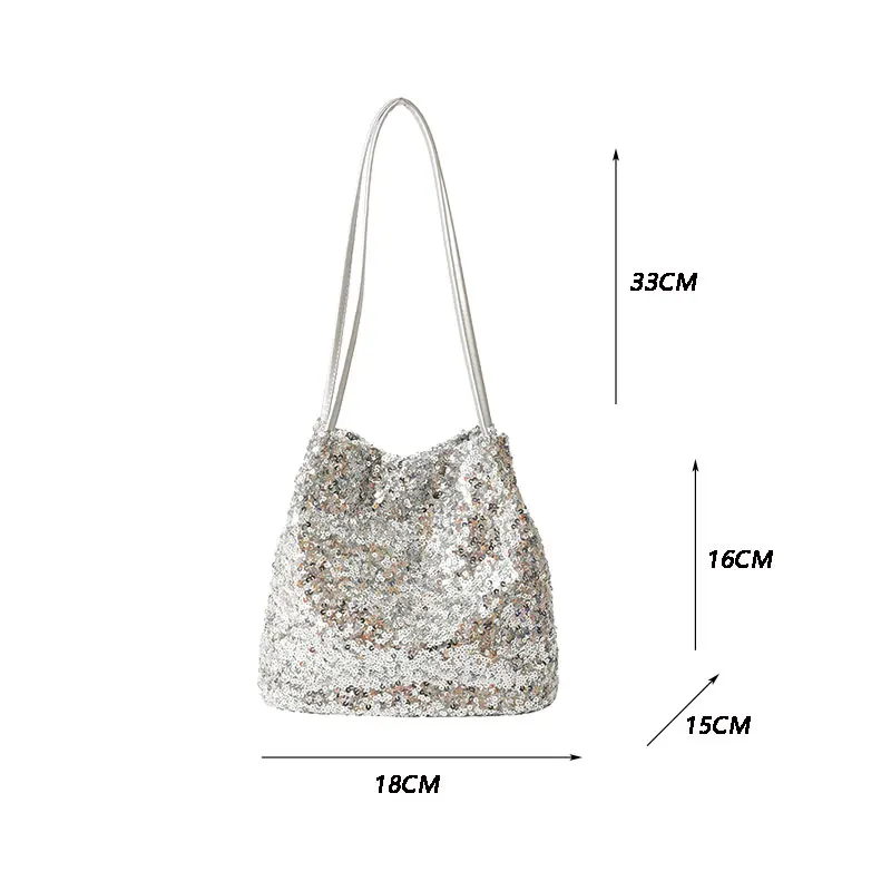 Women Bag Ladies Leisure Solid Color Totes Bag Large Capacity Sequins Handbag Luxury Sparkling Bucket Bag Women\'s Shoulder Bags