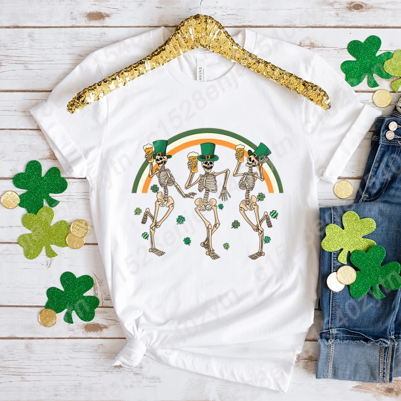 

St Patrick's Day Skeleton Beer Rainbow Print T-Shirts For Women Short Sleeve Funny Round Neck Tee Shirts Casual Summer Tees Tops