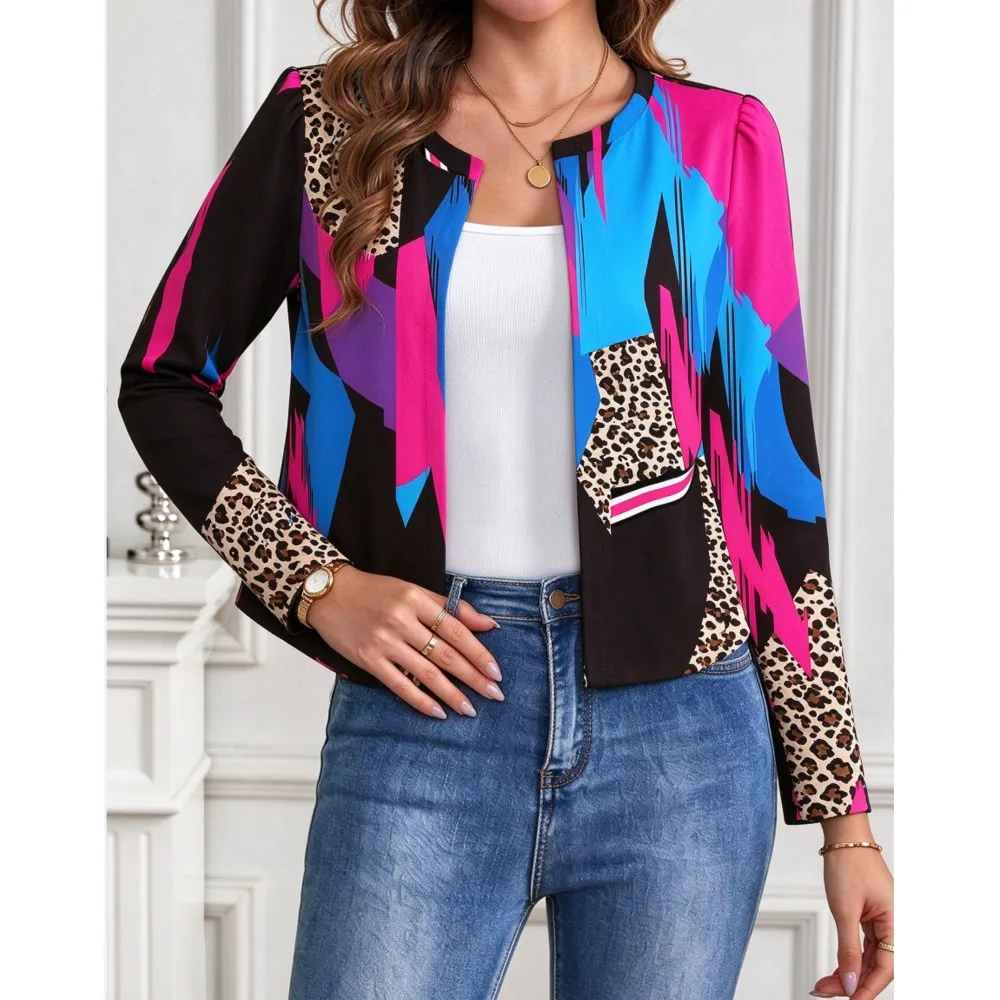 Fall New Printed Casual O Neck Long Sleeved Cardigan Women Short Fashion SIim Simple Elegant Suitable Office Blazer Female Coat