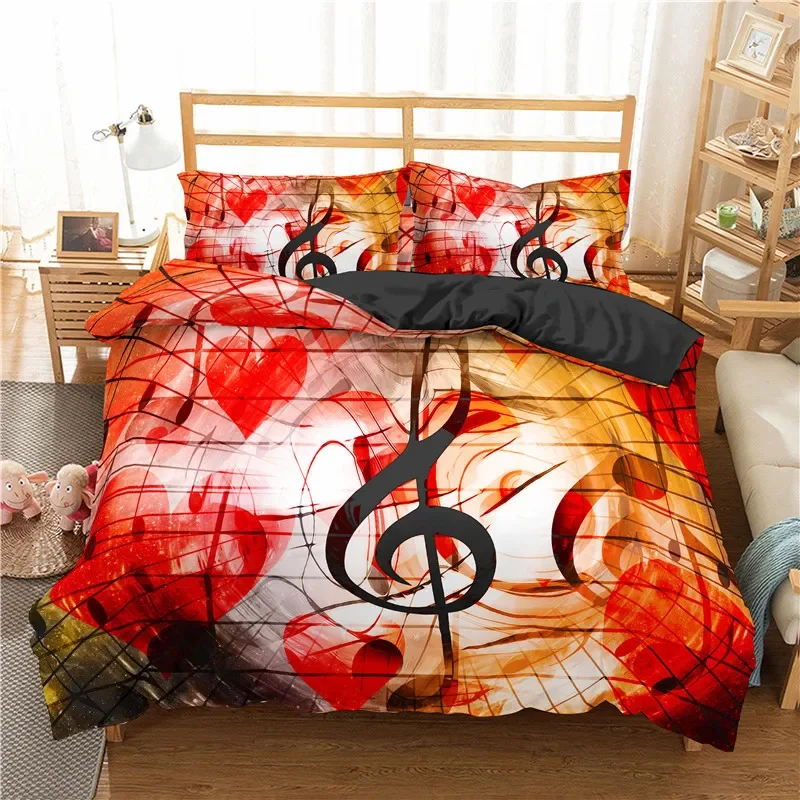 Musical Note Bedding King/Queen Size,Classical Music Stave Theme Duvet Cover Teens Red Gold Shiny 2/3 Pcs Polyester Quilt Cover