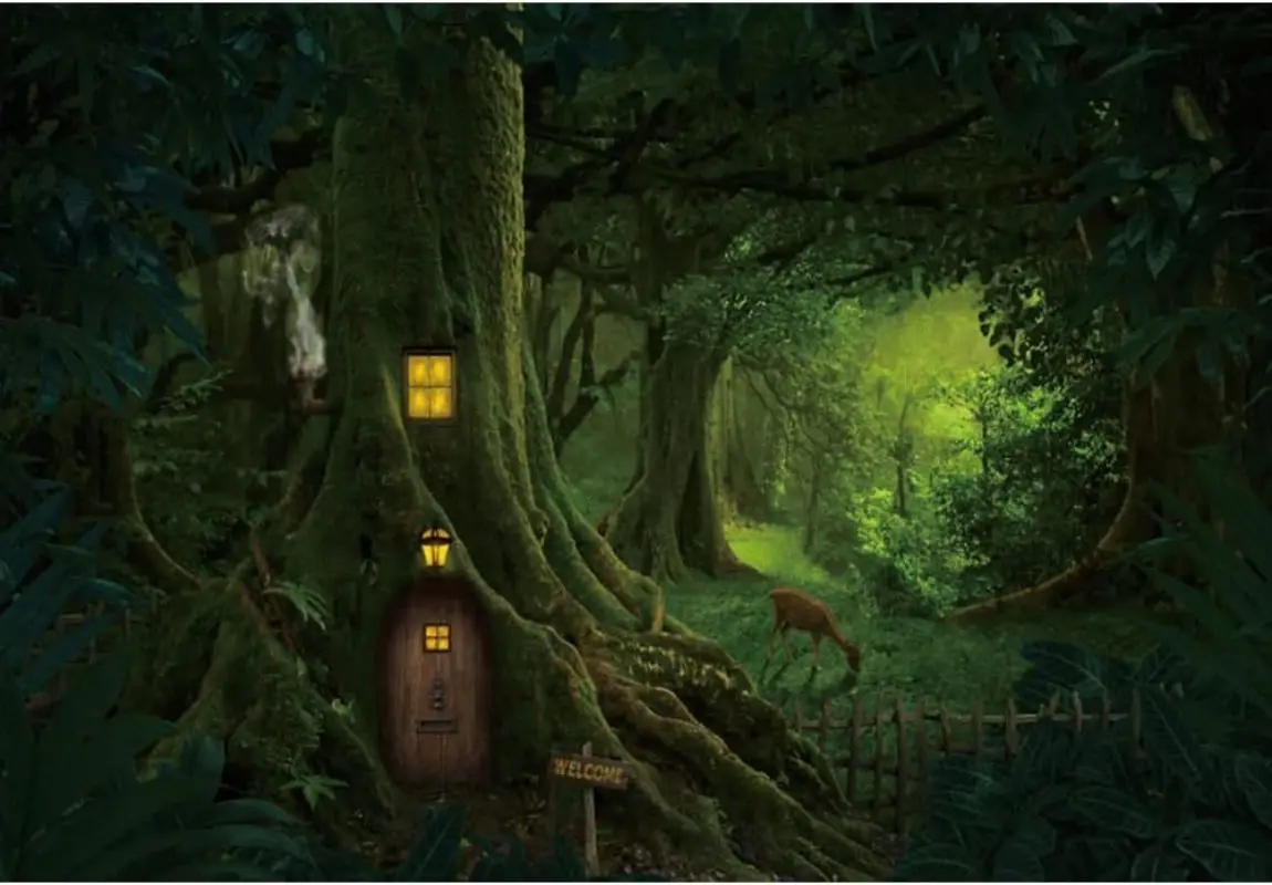 Enchanted Forest Backdrop Tree House Cartoon Fairy Tale Photography Background Birthday Party Decoration Banner Baby Fantasy Kid