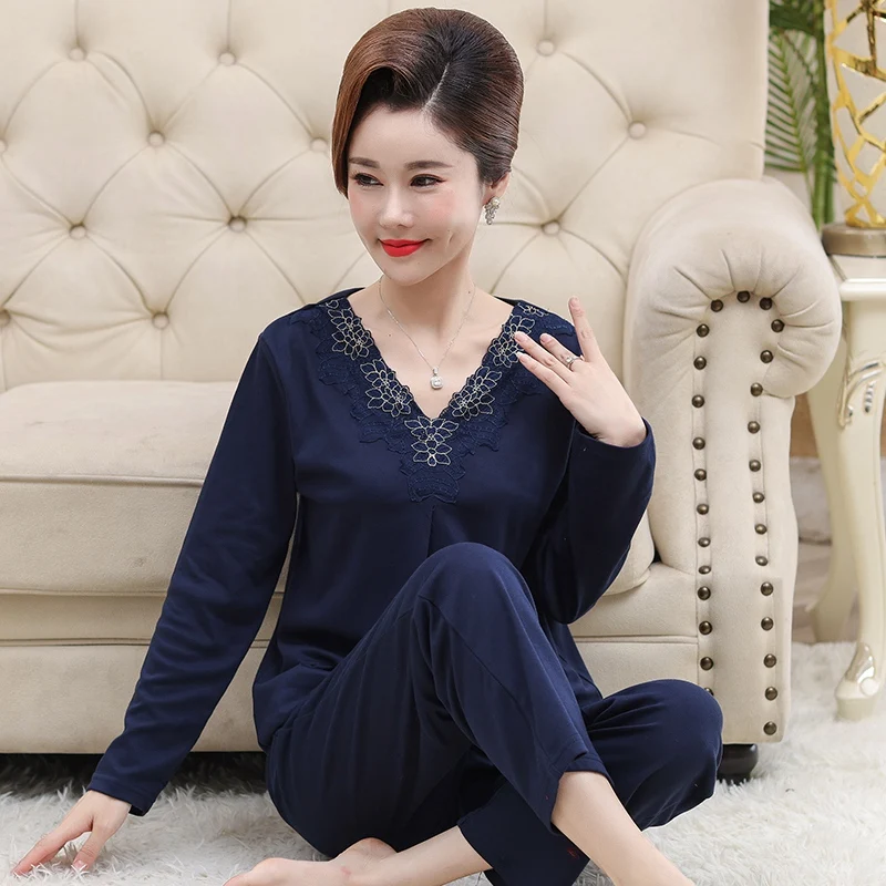 

Весенние кружевные хлопковые Пижамные комплекты 2024 с длинным рукавом и V-образным вырезом для женщин, одежда для сна для женщин среднего и пожилого возраста, пижама, домашняя одежда, домашняя одежда