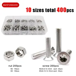 400pcs/box M2 M3 GB2673 Torx Flat Countersunk Head Screw Bolt Hex Nut Mix Size Assortment Set Kit 304 A2-70 Stainless Steel