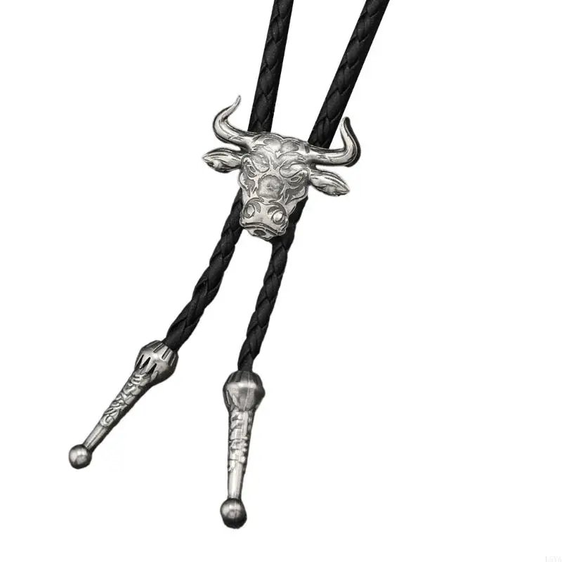 ربطة عنق عصرية من جلد البولي يوريثان L5YA مع ربطة عنق من سبيكة بتصميم رأس الثور الجريء هدية عملية للجنسين لأعياد الميلاد