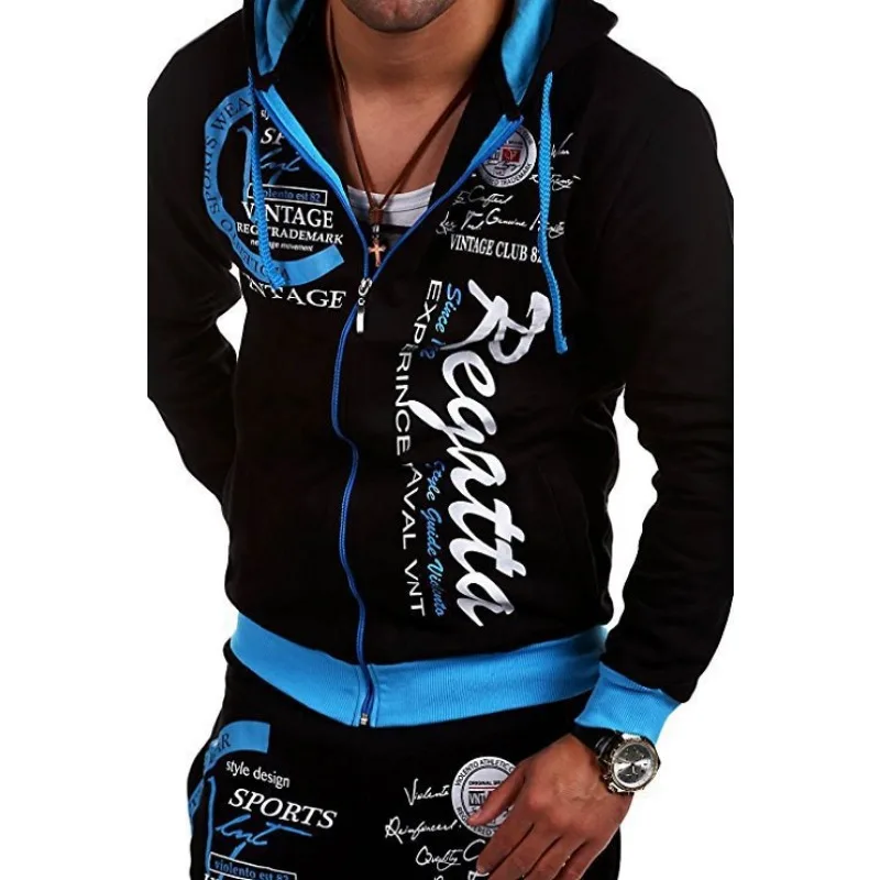 New Casual Men Drawstring Elastic Waist Letter Printed Loose Sports Cardigan Casual Loose Printed All-match Vintage Hoodie