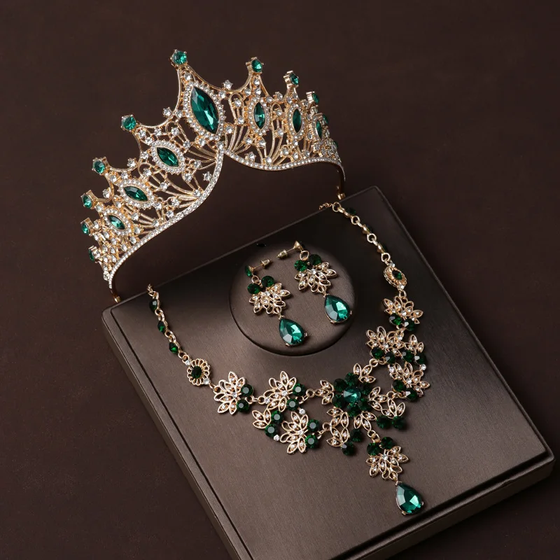 Fashion Bridal Headwear Green-color Elegant Quality Exquisite Ladies' Attractive Crown Necklace Earrings 4 Pcs Set ​For Wedding