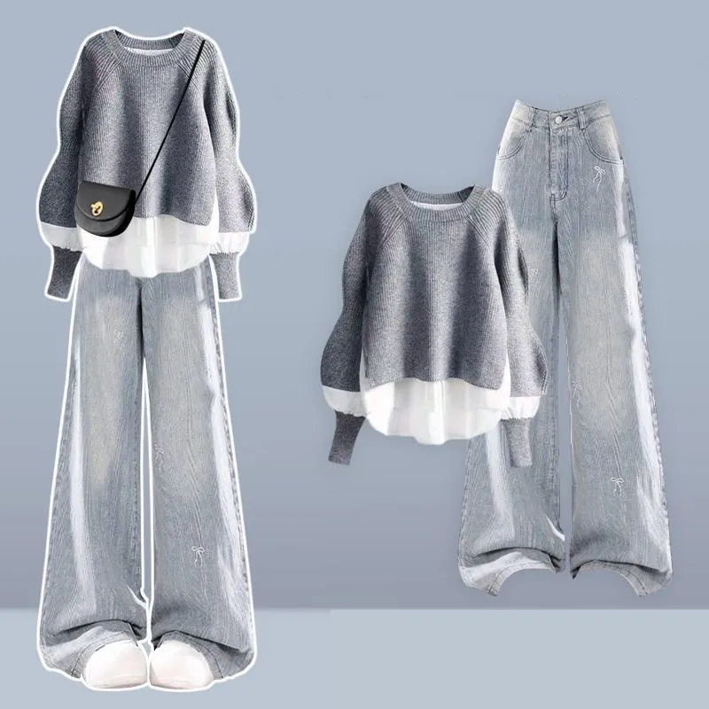 

Women's Fall Winter New Fashion Fake Two-piece Long-sleeved Sweater+Jeans Suit Korean Elegant Denim Pants Tracksuit Matching Set