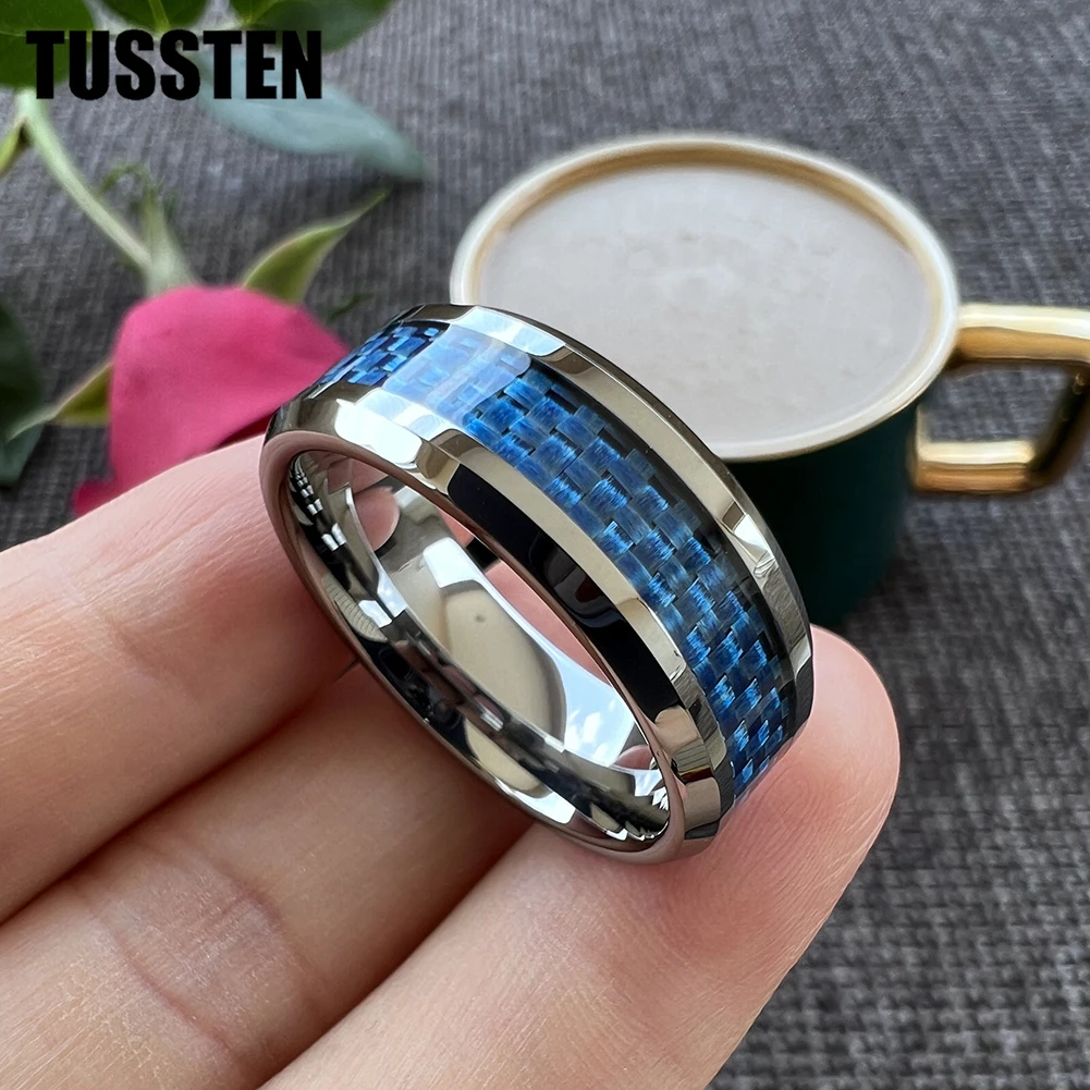 TUSSTEN 6/8MM Classic Tungsten Wedding Band Ring For Men Women With Blue Carbon Fiber Inlay Bevel Polish Comfort Fit