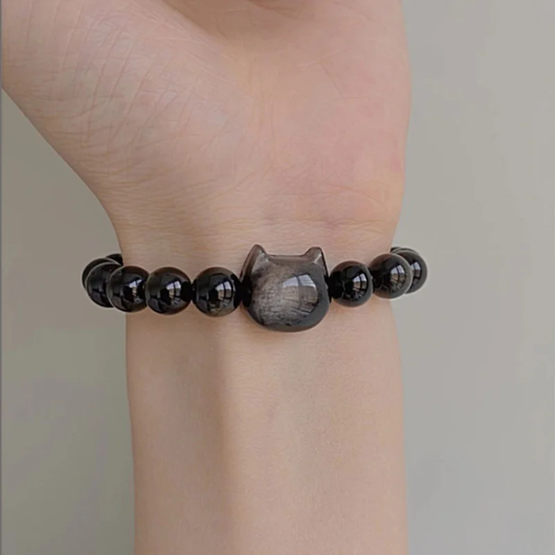 【Hide·My Friend】Natural Silver Stone Cat Head Obsidian Bracelet for Women Bestie Personality Sweet Cool