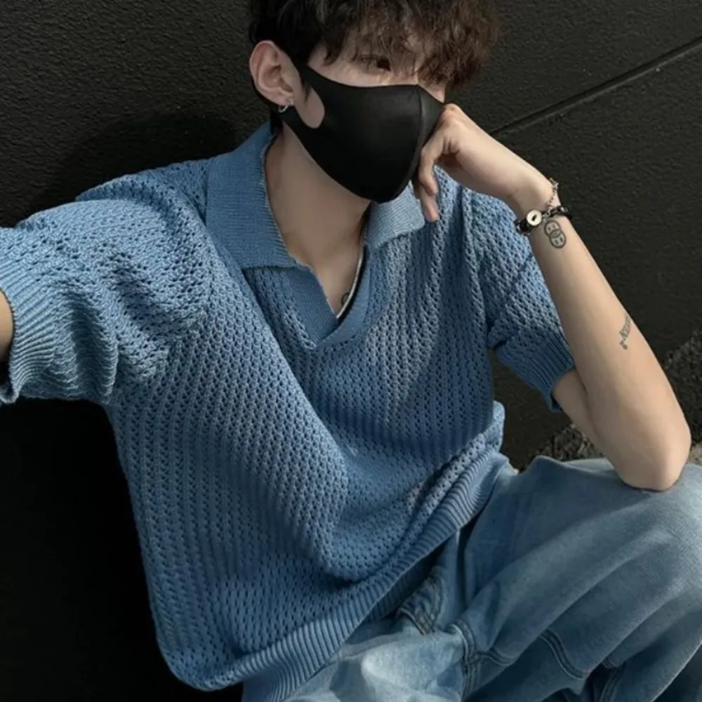 Knitted T-shirts Men Turn-down Collar Breathable Solid Half Sleeve Thin Classical Korean Style Commuting Temper Thin Fit Summer