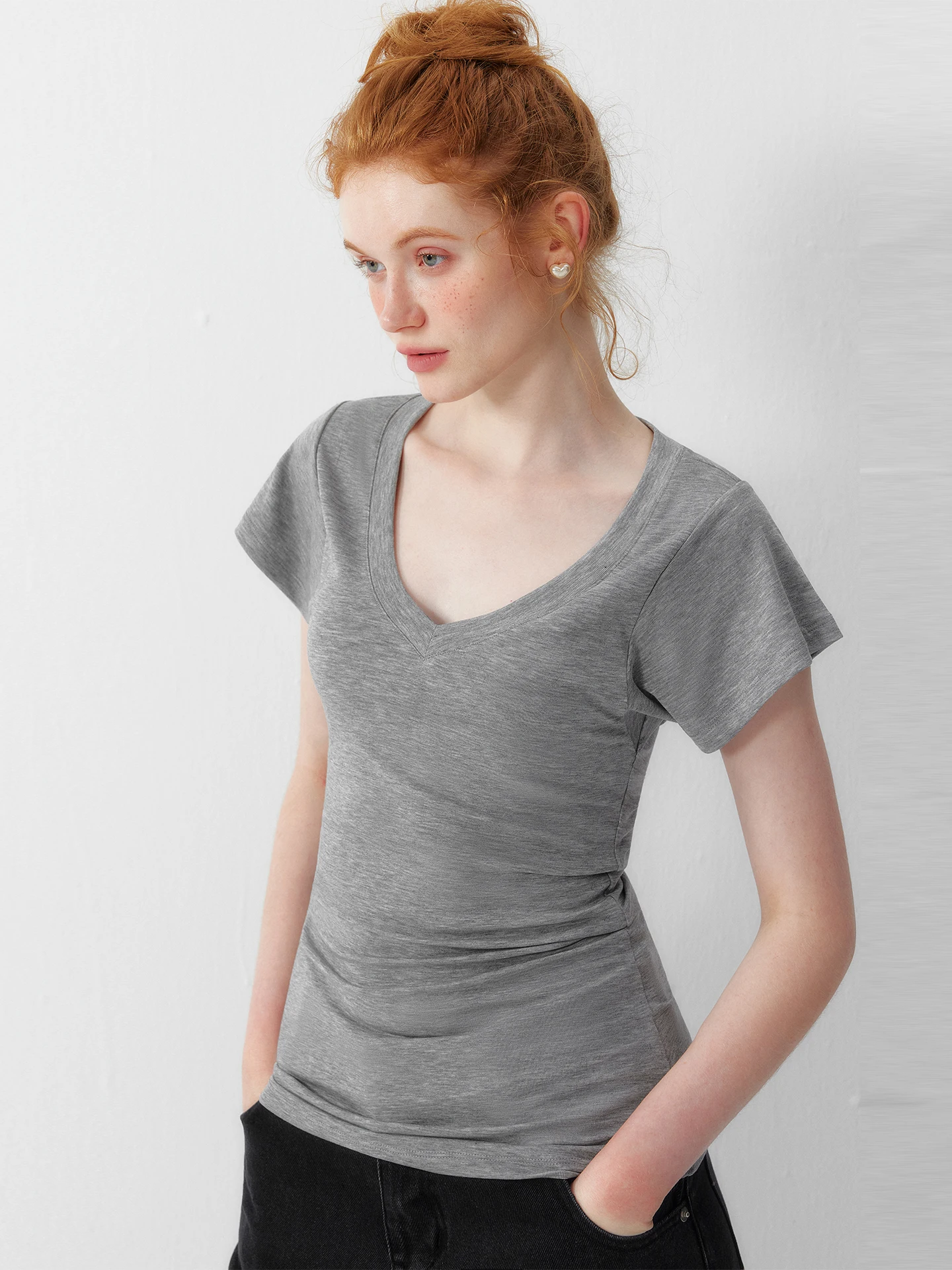 Cooling Feeling V-Neck Short Sleeve T-Shirt Women's Summer Design Ruched Korean Style  plus RAYON Fabric Casual Wear