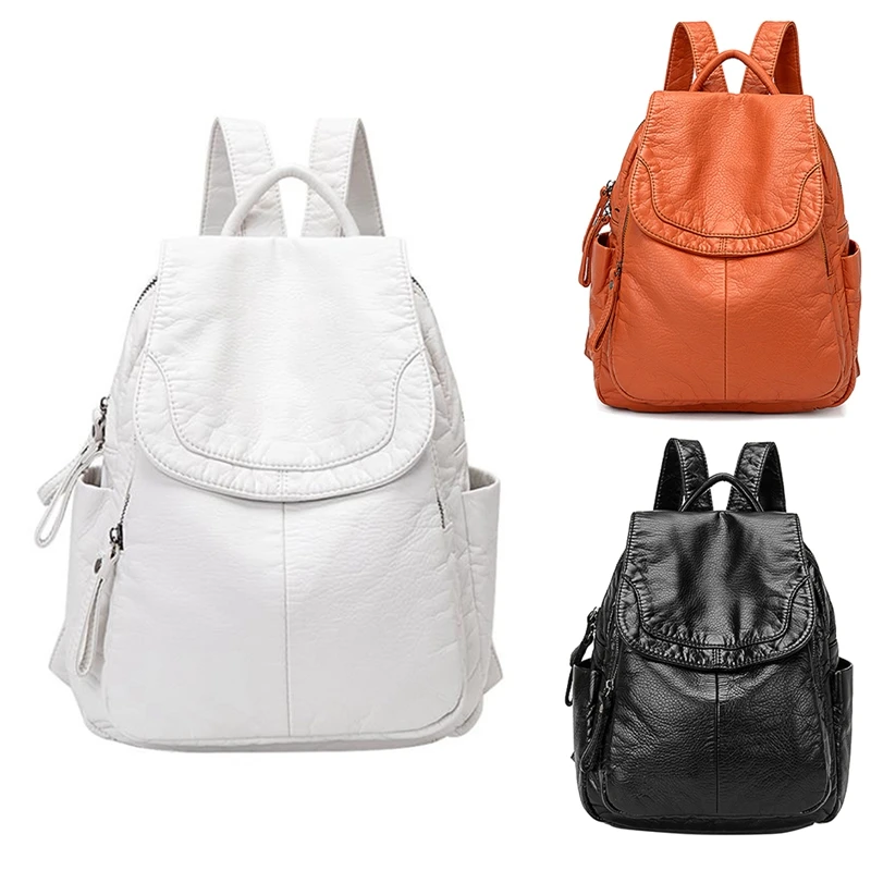 

ASDS-Women's Soft Leather Casual School Bag Washed Leather Backpack Girl Travel Small School Bag