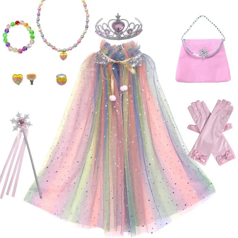 Costume da mantello cosplay per feste Mantello da principessa colorato per bambina in tulle con paillettes con set di bacchette magiche di tiara