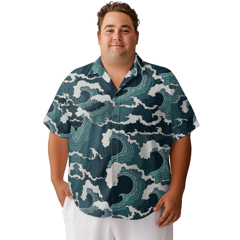 Beach holiday casual wave print men's short-sleeved lapel shirt summer thin loose plus size top