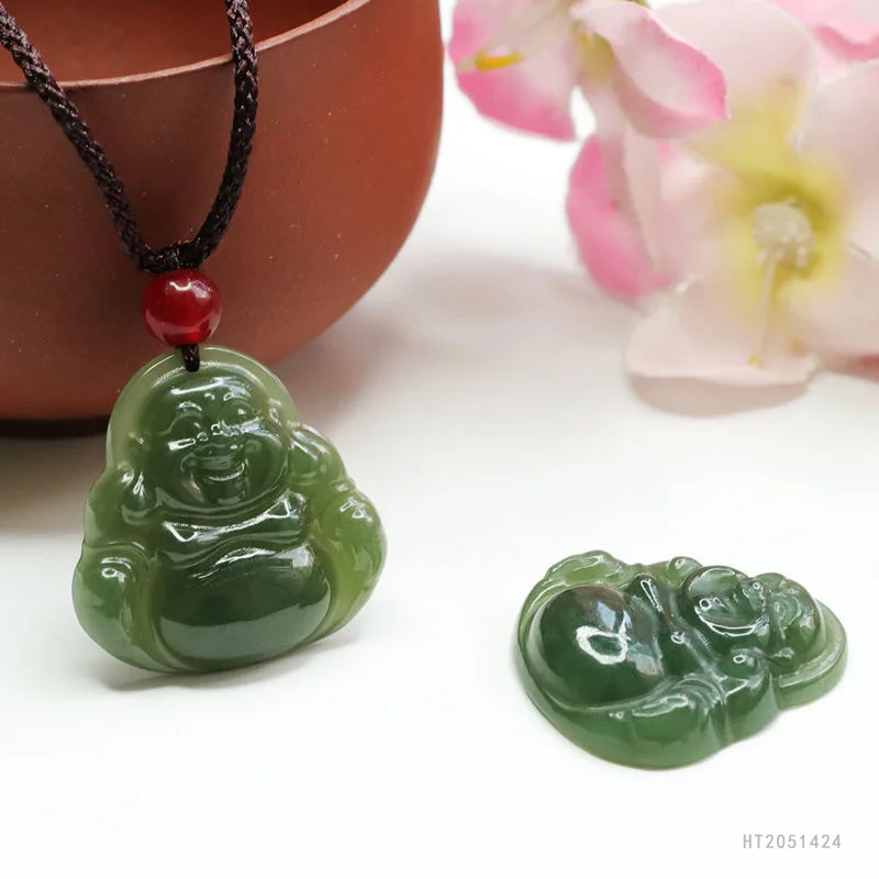 

Natural Hetian Jade Laughing Buddha Pendant Necklace with Lanyard