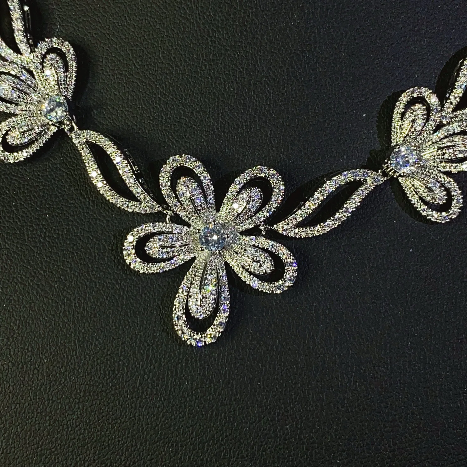 silver color zirconia flower necklace earrings jewelry sets 2pcs wedding dinner party anniversary gift women jewelry sparkly