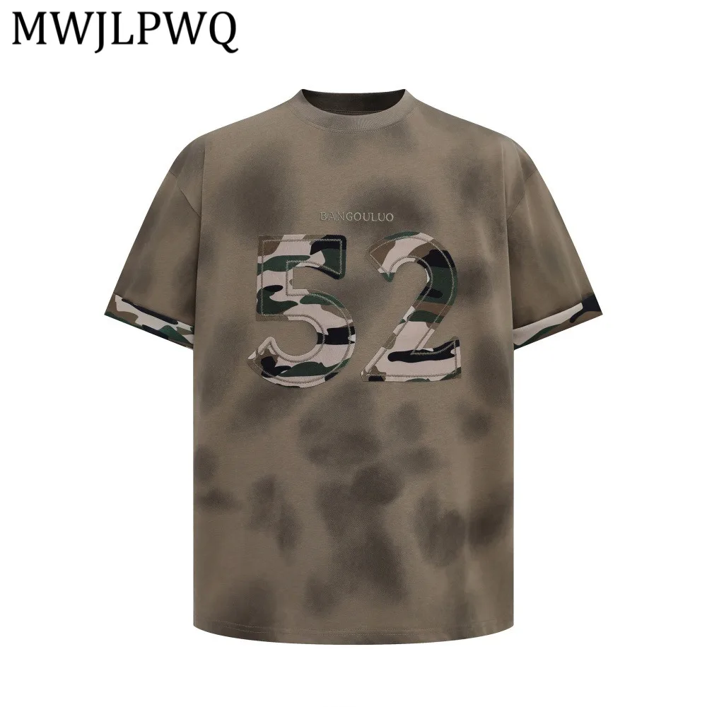 

Футболка мужская MWJLPWQ с эффектом тай-дай и потертостями, с коротким рукавом, модная, с камуфляжными нашивками и вышивкой, повседневная, с подвернутым краем, 14301